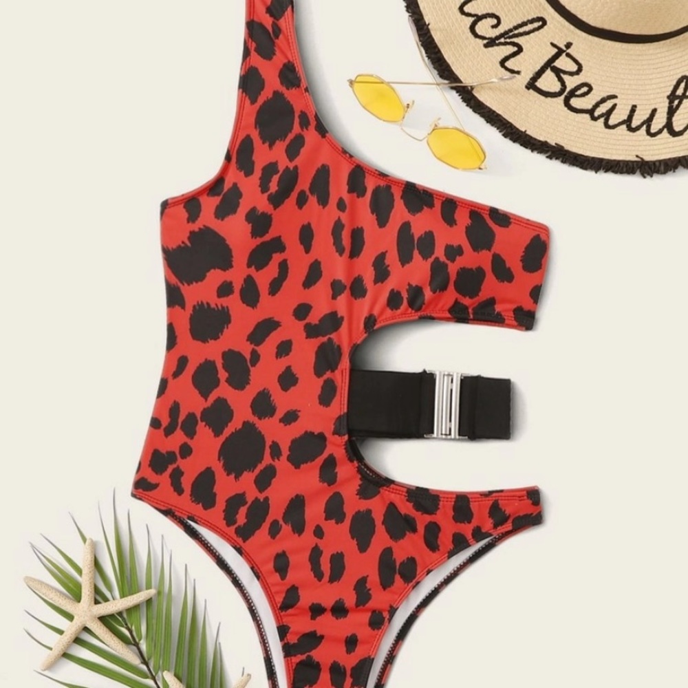 Red leopard one shoulder cut out one piece